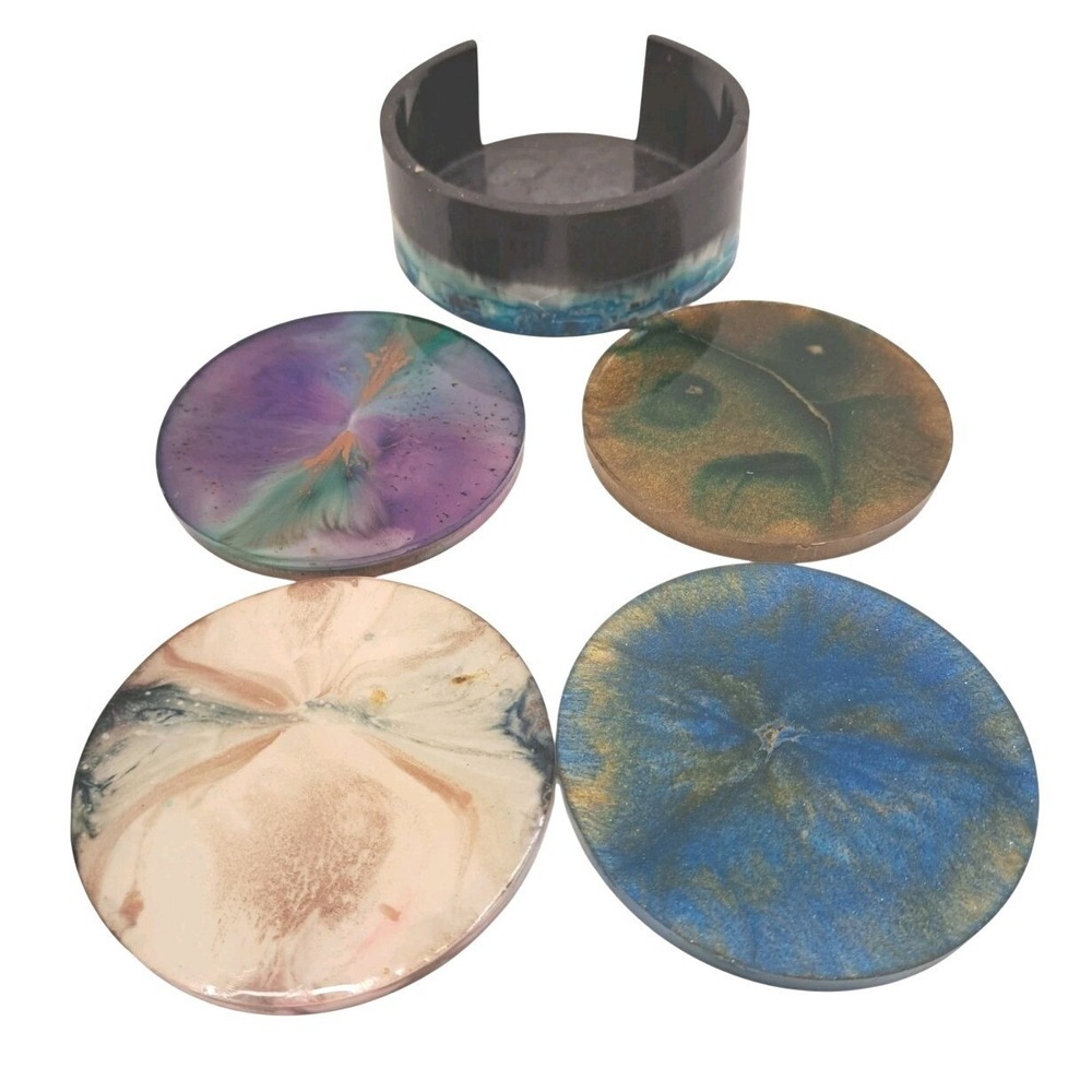 Handmade Epoxy Resin Coasters Set Of 4 With Holder Artsy Gift Decor